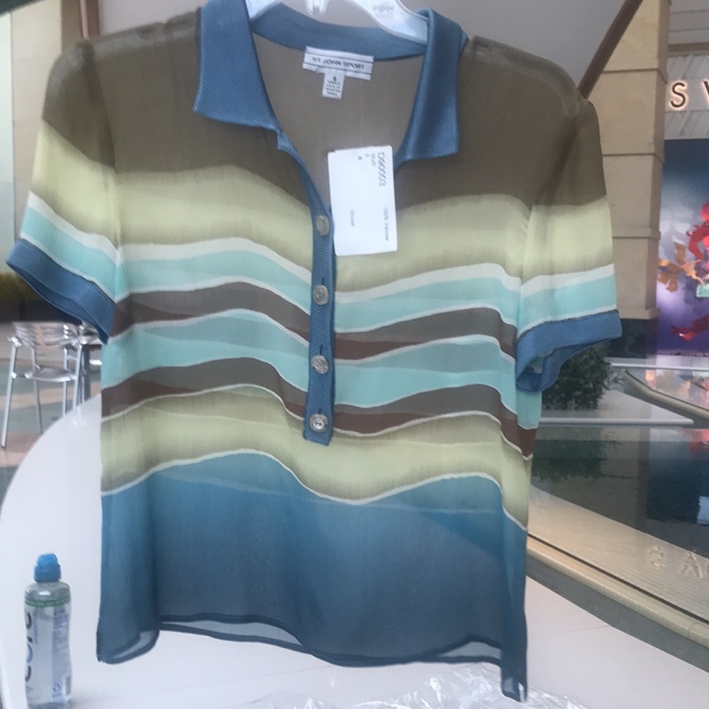 ST.JOHN SPORT multi color neutral blue/ yellow/brown /off white  stripes - Picture 3 of 6